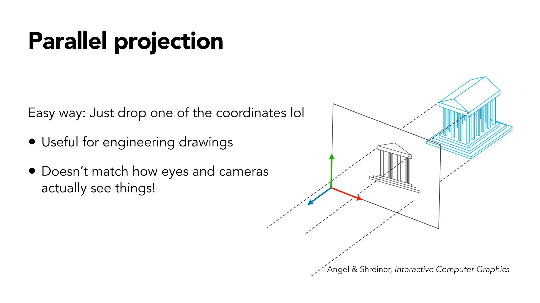 Parallel projection
Easy way: Just drop one of the coordinates lol
• Useful for engineering drawings
• Doesn’t match how eyes and cameras
actually see things!
Angel & Shreiner, Interactive Computer Graphics
 
