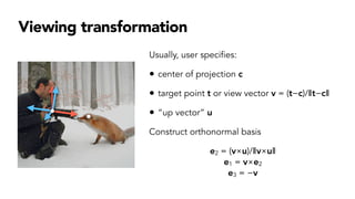 Viewing transformation
Usually, user specifies:
• center of projection c
• target point t or view vector v = (t−c)/‖t−c‖
• “up vector” u
Construct orthonormal basis
e2 = (v×u)/‖v×u‖
e1 = v×e2
e3 = −v
 