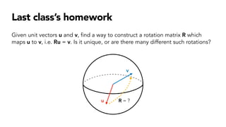 Last class’s homework
Given unit vectors u and v, find a way to construct a rotation matrix R which
maps u to v, i.e. Ru = v. Is it unique, or are there many different such rotations?
u
v
R = ?
 