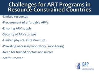 -Limited resources
-Procurement of affordable ARVs
-Ensuring ARV supply
-Security of ARV storage
-Limited physical infrastructure
-Providing necessary laboratory monitoring
-Need for trained doctors and nurses
-Staff turnover
Challenges for ART Programs in
Resource-Constrained Countries
 