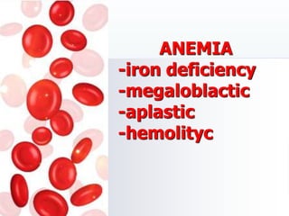ANEMIA
-iron deficiency
-megaloblactic
-aplastic
-hemolityc
 