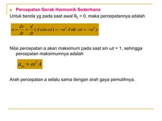  Percepatan Gerak Harmonik Sederhana
Untuk benda yg pada saat awal θ0 = 0, maka percepatannya adalah
Nilai percepatan a akan maksimum pada saat sin ωt = 1, sehingga
percepatan maksimumnya adalah
Arah percepatan a selalu sama dengan arah gaya pemulihnya.
y
ωt
A
ωt
A
dt
d
dt
dv
a 2
2
sin
)
cos
( 
 





A
am
2


 