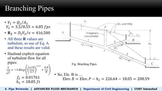 Branching Pipes
6. Pipe Networks | ADVANCED FLUID MECHANICS | Department of Civil Engineering | CUST Islamabad
• 𝑉2 = Τ
𝑄2 𝐴2
𝑉2 = Τ
3.3 0.55 = 6.05 𝑓𝑝𝑠
• 𝐑𝟐 = Τ
𝐷2𝑉2 𝑣 = 416,500
• All three R values are
turbulent, so use of Eq. A
and these results are valid.
• Haalnad explicit equation
of turbulent flow for all
pipes:
1
𝑓
= −1.8𝑙𝑜𝑔
Τ
𝑒 𝐷
3.7
1.11
+
6.9
𝑅
𝑓2 = 0.01761
ℎ2 = 18.05 𝑓𝑡
• So, Ele. B is …
Elev. 𝐵 = Elev. 𝑃 − ℎ2 = 226.64 − 18.05 = 208.59
 