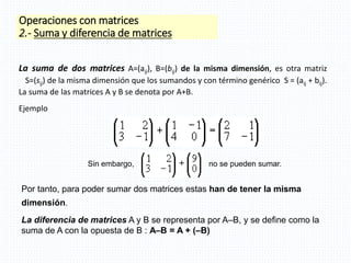 Operaciones con matrices
2.- Suma y diferencia de matrices
La suma de dos matrices A=(aij), B=(bij) de la misma dimensión, es otra matriz
S=(sij) de la misma dimensión que los sumandos y con término genérico S = (aij + bij).
La suma de las matrices A y B se denota por A+B.
Ejemplo
Sin embargo, no se pueden sumar.
La diferencia de matrices A y B se representa por A–B, y se define como la
suma de A con la opuesta de B : A–B = A + (–B)
Por tanto, para poder sumar dos matrices estas han de tener la misma
dimensión.
 