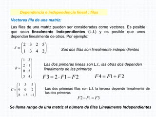 Dependencia e independencia lineal : filas
Vectores fila de una matriz:
Las filas de una matriz pueden ser consideradas como vectores. Es posible
que sean linealmente Independientes (L.I.) y es posible que unos
dependan linealmente de otros. Por ejemplo:
Sus dos filas son linealmente independientes









2
4
3
1
5
2
3
2
A
Las dos primeras líneas son L.I., las otras dos dependen
linealmente de las primeras















4
3
5
0
1
2
3
1
B
2
1
2
3 F
F
F 

 2
1
4 F
F
F 

Las dos primeras filas son L.I. la tercera depende linealmente de
las dos primeras













1
5
8
2
0
9
3
5
1
C
3
1
2 F
F
F 

Se llama rango de una matriz al número de filas Linealmente Independientes
 