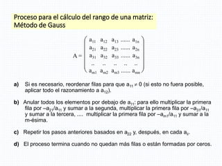 Proceso para el cálculo del rango de una matriz:
Método de Gauss
a) Si es necesario, reordenar filas para que a11  0 (si esto no fuera posible,
aplicar todo el razonamiento a a12).
b) Anular todos los elementos por debajo de a11: para ello multiplicar la primera
fila por –a21/a11 y sumar a la segunda, multiplicar la primera fila por –a31/a11
y sumar a la tercera, .... multiplicar la primera fila por –am1/a11 y sumar a la
m-ésima.
c) Repetir los pasos anteriores basados en a22 y, después, en cada aii.
d) El proceso termina cuando no quedan más filas o están formadas por ceros.
A =












a11 a12 a13 ...... a1n
a21 a22 a23 ...... a2n
a31 a32 a33 ...... a3n
.. .. .. .. ..
am1 am2 am3 ...... amn
 
