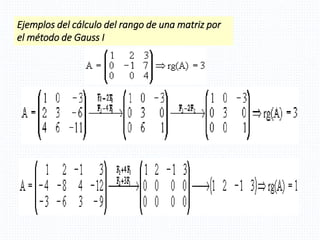 Ejemplos del cálculo del rango de una matriz por
el método de Gauss I
 