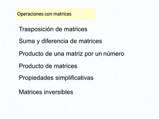 Operaciones con matrices
Trasposición de matrices
Suma y diferencia de matrices
Producto de una matriz por un número
Producto de matrices
Matrices inversibles
Propiedades simplificativas
 