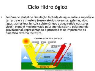 Ciclo Hidrológico
• Fenômeno global de circulação fechada da água entre a superfície
terrestre e a atmosfera (reservatórios, oceanos, geleiras, rios,
lagos, atmosfera, lençóis subterrâneos e água retida nos seres
vivos), e que é movimentado pela energia solar e pela energia
gravitacional, representando o processo mais importante da
dinâmica externa terrestre.
 