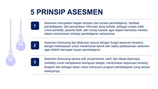 5 PRINSIP ASESMEN
Asesmen dirancang secara adil, proporsional, valid, dan dapat dipercaya
(reliable) untuk menjelaskan kemajuan belajar, menentukan keputusan tentang
langkah dan sebagai dasar untuk menyusun program pembelajaran yang sesuai
selanjutnya;
Asesmen dirancang dan dilakukan sesuai dengan fungsi asesmen tersebut,
dengan keleluasaan untuk menentukan teknik dan waktu pelaksanaan asesmen
agar efektif mencapai tujuan pembelajaran
Asesmen merupakan bagian terpadu dari proses pembelajaran, fasilitasi
pembelajaran, dan penyediaan informasi yang holistik, sebagai umpan balik
untuk pendidik, peserta didik, dan orang tua/wali agar dapat memandu mereka
dalam menentukan strategi pembelajaran selanjutnya
1
2
3
 