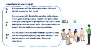 Asesmen sumatif dapat menggunakan berbagai
bentuk instrumen dan teknik
Asesmen sumatif dapat dilaksanakan dalam kurun
waktu yang lebih panjang, seperti satu pekan atau
lebih pada akhir proses pembelajaran dan dilakukan
sekaligus untuk dua atau lebih tujuan pembelajaran
sesuai dengan kebijakan satuan pendidikan
Hasil dari asesmen sumatif dapat berupa deskripsi
dari tujuan pembelajaran yang telah tercapai. Jika
berupa angka, maka perlu tetap dijelaskan
maknanya.
Jawaban Miskonsepsi:
B/
S
B/
S
B/
S
 