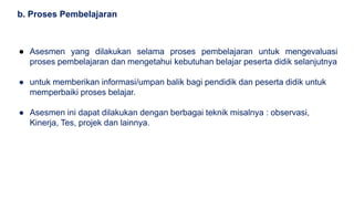 ● Asesmen yang dilakukan selama proses pembelajaran untuk mengevaluasi
proses pembelajaran dan mengetahui kebutuhan belajar peserta didik selanjutnya
● untuk memberikan informasi/umpan balik bagi pendidik dan peserta didik untuk
memperbaiki proses belajar.
● Asesmen ini dapat dilakukan dengan berbagai teknik misalnya : observasi,
Kinerja, Tes, projek dan lainnya.
b. Proses Pembelajaran
 