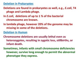 Deletion in Prokaryotes
Deletions are found in prokaryotes as well, e.g., E.coli, T4
phage and Lambda phage.
In E.coli, deletions of up to 1 % of the bacterial
chromosome are known.
In lambda phage, however 20% of the genome may be
missing in some of the deletions.
Deletion in Human
Chromosome deletions are usually lethal even as
heterozygotes, resulting in zygotic loss, stillbirths, or
infant death.
Sometimes, infants with small chromosome deficiencies
however, survive long enough to permit the abnormal
phenotype they express.
 