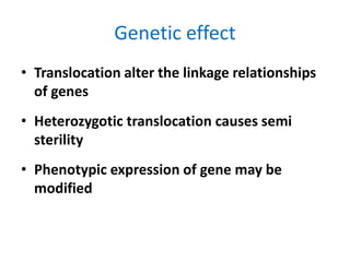 Genetic effect
• Translocation alter the linkage relationships
of genes
• Heterozygotic translocation causes semi
sterility
• Phenotypic expression of gene may be
modified
 