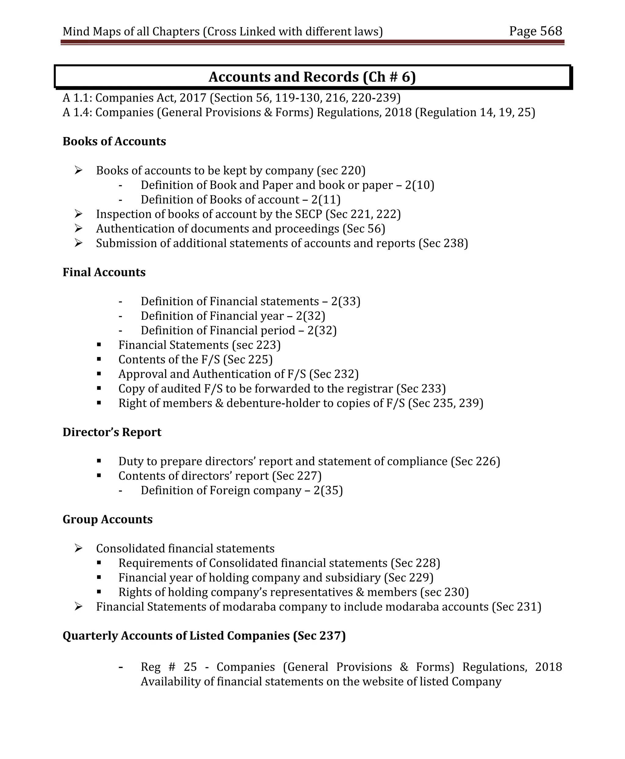 Mind Maps of all Chapters (Cross Linked with different laws) Page 568
Accounts and Records (Ch # 6)
A 1.1: Companies Act, 2017 (Section 56, 119-130, 216, 220-239)
A 1.4: Companies (General Provisions & Forms) Regulations, 2018 (Regulation 14, 19, 25)
Books of Accounts
 Books of accounts to be kept by company (sec 220)
- Definition of Book and Paper and book or paper – 2(10)
- Definition of Books of account – 2(11)
 Inspection of books of account by the SECP (Sec 221, 222)
 Authentication of documents and proceedings (Sec 56)
 Submission of additional statements of accounts and reports (Sec 238)
Final Accounts
- Definition of Financial statements – 2(33)
- Definition of Financial year – 2(32)
- Definition of Financial period – 2(32)
 Financial Statements (sec 223)
 Contents of the F/S (Sec 225)
 Approval and Authentication of F/S (Sec 232)
 Copy of audited F/S to be forwarded to the registrar (Sec 233)
 Right of members & debenture-holder to copies of F/S (Sec 235, 239)
Director’s Report
 Duty to prepare directors’ report and statement of compliance (Sec 226)
 Contents of directors’ report (Sec 227)
- Definition of Foreign company – 2(35)
Group Accounts
 Consolidated financial statements
 Requirements of Consolidated financial statements (Sec 228)
 Financial year of holding company and subsidiary (Sec 229)
 Rights of holding company’s representatives & members (sec 230)
 Financial Statements of modaraba company to include modaraba accounts (Sec 231)
Quarterly Accounts of Listed Companies (Sec 237)
- Reg # 25 - Companies (General Provisions & Forms) Regulations, 2018
Availability of financial statements on the website of listed Company
 