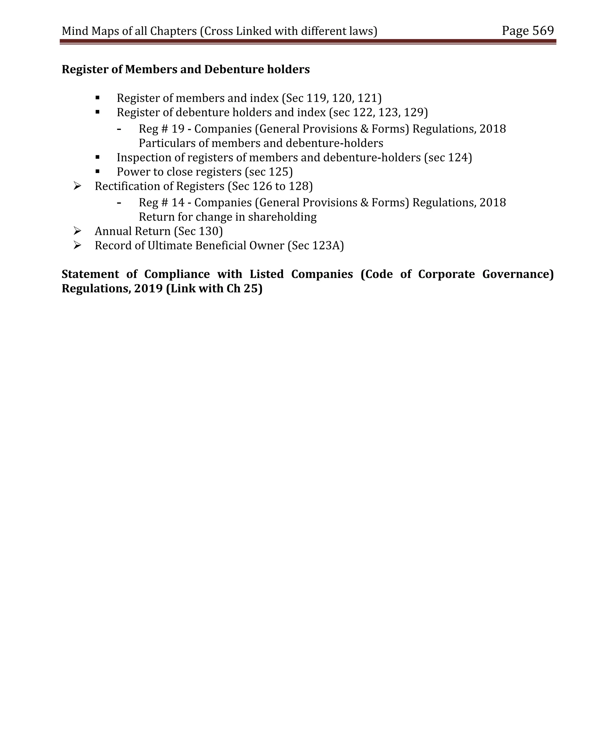 Mind Maps of all Chapters (Cross Linked with different laws) Page 569
Register of Members and Debenture holders
 Register of members and index (Sec 119, 120, 121)
 Register of debenture holders and index (sec 122, 123, 129)
- Reg # 19 - Companies (General Provisions & Forms) Regulations, 2018
Particulars of members and debenture-holders
 Inspection of registers of members and debenture-holders (sec 124)
 Power to close registers (sec 125)
 Rectification of Registers (Sec 126 to 128)
- Reg # 14 - Companies (General Provisions & Forms) Regulations, 2018
Return for change in shareholding
 Annual Return (Sec 130)
 Record of Ultimate Beneficial Owner (Sec 123A)
Statement of Compliance with Listed Companies (Code of Corporate Governance)
Regulations, 2019 (Link with Ch 25)
 