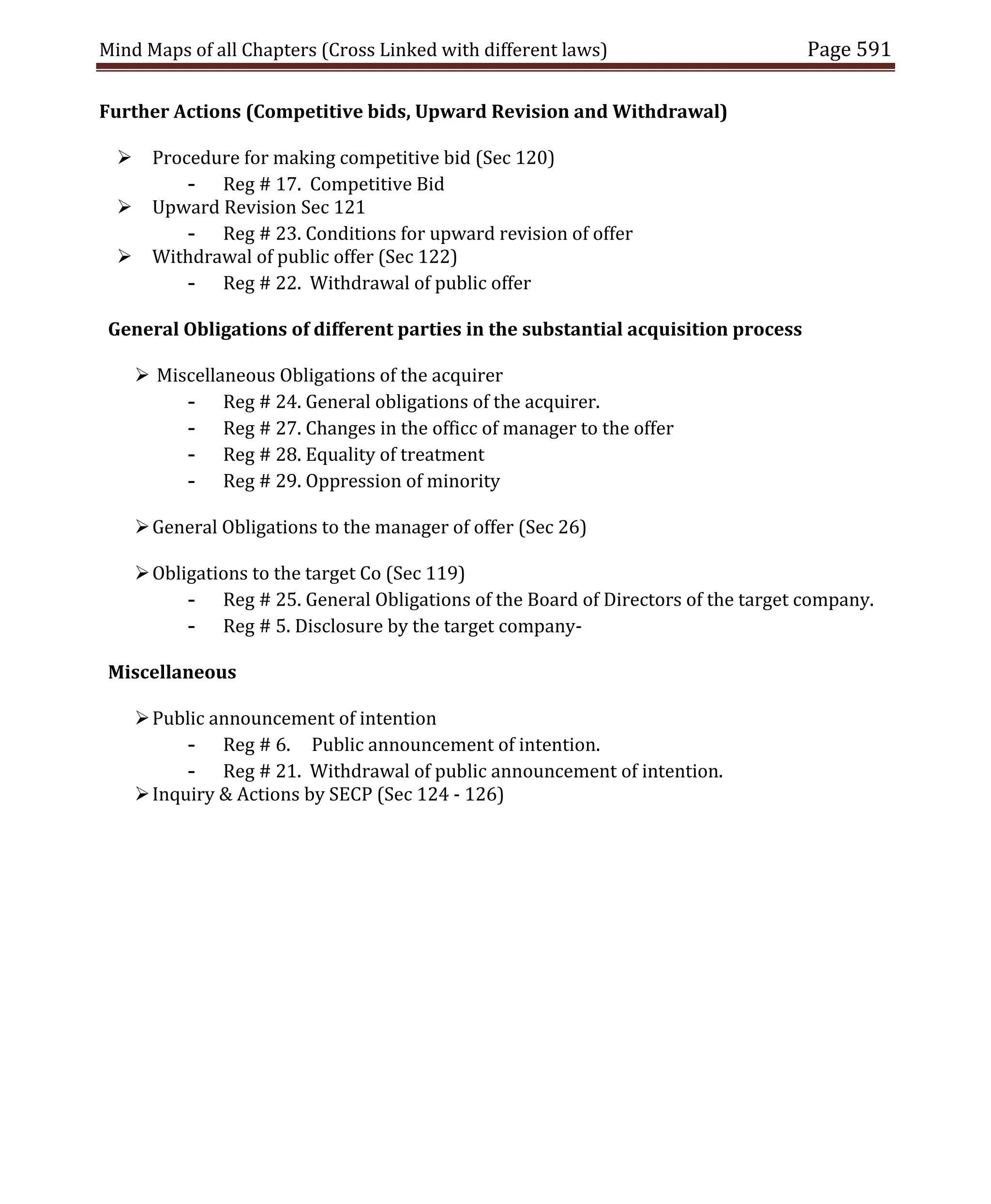 Mind Maps of all Chapters (Cross Linked with different laws) Page 591
Further Actions (Competitive bids, Upward Revision and Withdrawal)
 Procedure for making competitive bid (Sec 120)
- Reg # 17. Competitive Bid
 Upward Revision Sec 121
- Reg # 23. Conditions for upward revision of offer
 Withdrawal of public offer (Sec 122)
- Reg # 22. Withdrawal of public offer
General Obligations of different parties in the substantial acquisition process
 Miscellaneous Obligations of the acquirer
- Reg # 24. General obligations of the acquirer.
- Reg # 27. Changes in the officc of manager to the offer
- Reg # 28. Equality of treatment
- Reg # 29. Oppression of minority
General Obligations to the manager of offer (Sec 26)
Obligations to the target Co (Sec 119)
- Reg # 25. General Obligations of the Board of Directors of the target company.
- Reg # 5. Disclosure by the target company-
Miscellaneous
Public announcement of intention
- Reg # 6. Public announcement of intention.
- Reg # 21. Withdrawal of public announcement of intention.
Inquiry & Actions by SECP (Sec 124 - 126)
 