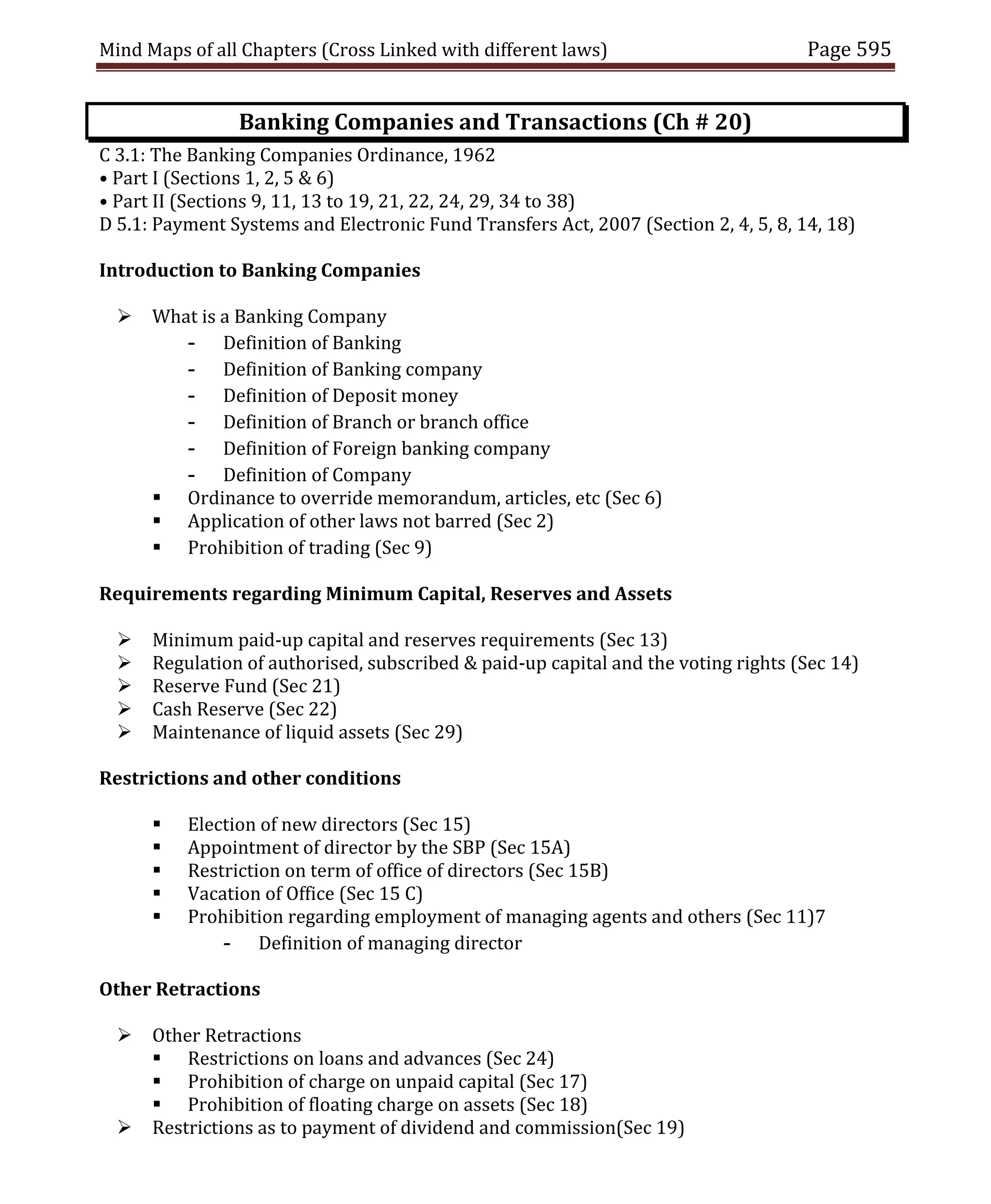 Mind Maps of all Chapters (Cross Linked with different laws) Page 595
Banking Companies and Transactions (Ch # 20)
C 3.1: The Banking Companies Ordinance, 1962
• Part I (Sections 1, 2, 5 & 6)
• Part II (Sections 9, 11, 13 to 19, 21, 22, 24, 29, 34 to 38)
D 5.1: Payment Systems and Electronic Fund Transfers Act, 2007 (Section 2, 4, 5, 8, 14, 18)
Introduction to Banking Companies
 What is a Banking Company
- Definition of Banking
- Definition of Banking company
- Definition of Deposit money
- Definition of Branch or branch office
- Definition of Foreign banking company
- Definition of Company
 Ordinance to override memorandum, articles, etc (Sec 6)
 Application of other laws not barred (Sec 2)
 Prohibition of trading (Sec 9)
Requirements regarding Minimum Capital, Reserves and Assets
 Minimum paid-up capital and reserves requirements (Sec 13)
 Regulation of authorised, subscribed & paid-up capital and the voting rights (Sec 14)
 Reserve Fund (Sec 21)
 Cash Reserve (Sec 22)
 Maintenance of liquid assets (Sec 29)
Restrictions and other conditions
 Election of new directors (Sec 15)
 Appointment of director by the SBP (Sec 15A)
 Restriction on term of office of directors (Sec 15B)
 Vacation of Office (Sec 15 C)
 Prohibition regarding employment of managing agents and others (Sec 11)7
- Definition of managing director
Other Retractions
 Other Retractions
 Restrictions on loans and advances (Sec 24)
 Prohibition of charge on unpaid capital (Sec 17)
 Prohibition of floating charge on assets (Sec 18)
 Restrictions as to payment of dividend and commission(Sec 19)
 