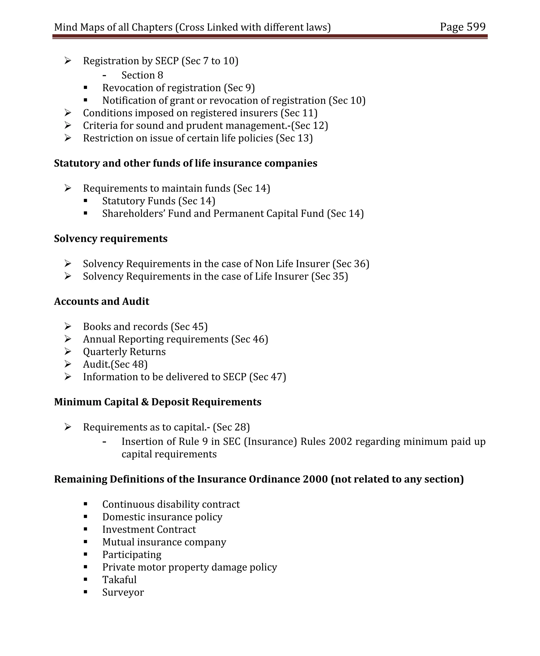 Mind Maps of all Chapters (Cross Linked with different laws) Page 599
 Registration by SECP (Sec 7 to 10)
- Section 8
 Revocation of registration (Sec 9)
 Notification of grant or revocation of registration (Sec 10)
 Conditions imposed on registered insurers (Sec 11)
 Criteria for sound and prudent management.-(Sec 12)
 Restriction on issue of certain life policies (Sec 13)
Statutory and other funds of life insurance companies
 Requirements to maintain funds (Sec 14)
 Statutory Funds (Sec 14)
 Shareholders’ Fund and Permanent Capital Fund (Sec 14)
Solvency requirements
 Solvency Requirements in the case of Non Life Insurer (Sec 36)
 Solvency Requirements in the case of Life Insurer (Sec 35)
Accounts and Audit
 Books and records (Sec 45)
 Annual Reporting requirements (Sec 46)
 Quarterly Returns
 Audit.(Sec 48)
 Information to be delivered to SECP (Sec 47)
Minimum Capital & Deposit Requirements
 Requirements as to capital.- (Sec 28)
- Insertion of Rule 9 in SEC (Insurance) Rules 2002 regarding minimum paid up
capital requirements
Remaining Definitions of the Insurance Ordinance 2000 (not related to any section)
 Continuous disability contract
 Domestic insurance policy
 Investment Contract
 Mutual insurance company
 Participating
 Private motor property damage policy
 Takaful
 Surveyor
 