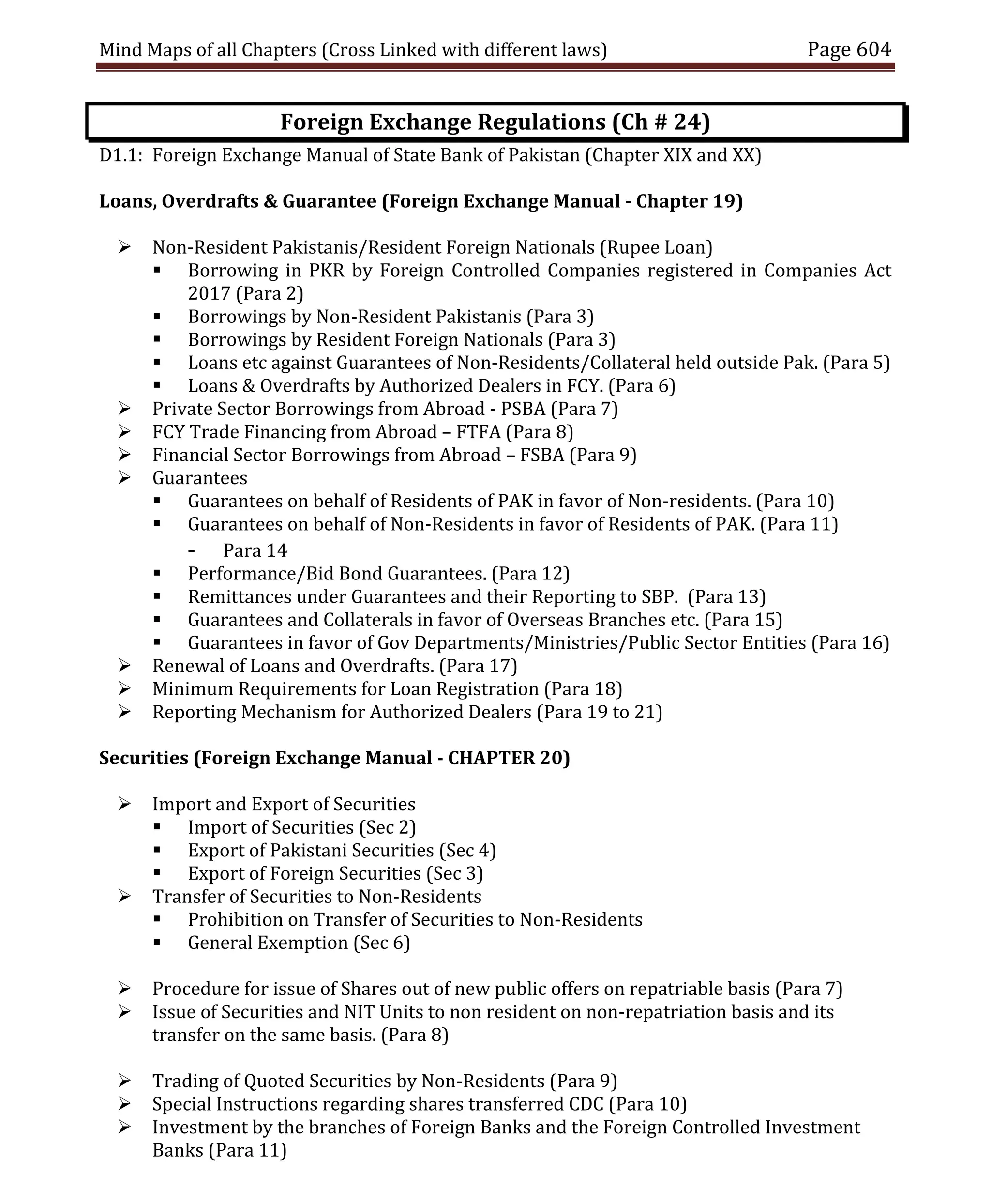 Mind Maps of all Chapters (Cross Linked with different laws) Page 604
Foreign Exchange Regulations (Ch # 24)
D1.1: Foreign Exchange Manual of State Bank of Pakistan (Chapter XIX and XX)
Loans, Overdrafts & Guarantee (Foreign Exchange Manual - Chapter 19)
 Non-Resident Pakistanis/Resident Foreign Nationals (Rupee Loan)
 Borrowing in PKR by Foreign Controlled Companies registered in Companies Act
2017 (Para 2)
 Borrowings by Non-Resident Pakistanis (Para 3)
 Borrowings by Resident Foreign Nationals (Para 3)
 Loans etc against Guarantees of Non-Residents/Collateral held outside Pak. (Para 5)
 Loans & Overdrafts by Authorized Dealers in FCY. (Para 6)
 Private Sector Borrowings from Abroad - PSBA (Para 7)
 FCY Trade Financing from Abroad – FTFA (Para 8)
 Financial Sector Borrowings from Abroad – FSBA (Para 9)
 Guarantees
 Guarantees on behalf of Residents of PAK in favor of Non-residents. (Para 10)
 Guarantees on behalf of Non-Residents in favor of Residents of PAK. (Para 11)
- Para 14
 Performance/Bid Bond Guarantees. (Para 12)
 Remittances under Guarantees and their Reporting to SBP. (Para 13)
 Guarantees and Collaterals in favor of Overseas Branches etc. (Para 15)
 Guarantees in favor of Gov Departments/Ministries/Public Sector Entities (Para 16)
 Renewal of Loans and Overdrafts. (Para 17)
 Minimum Requirements for Loan Registration (Para 18)
 Reporting Mechanism for Authorized Dealers (Para 19 to 21)
Securities (Foreign Exchange Manual - CHAPTER 20)
 Import and Export of Securities
 Import of Securities (Sec 2)
 Export of Pakistani Securities (Sec 4)
 Export of Foreign Securities (Sec 3)
 Transfer of Securities to Non-Residents
 Prohibition on Transfer of Securities to Non-Residents
 General Exemption (Sec 6)
 Procedure for issue of Shares out of new public offers on repatriable basis (Para 7)
 Issue of Securities and NIT Units to non resident on non-repatriation basis and its
transfer on the same basis. (Para 8)
 Trading of Quoted Securities by Non-Residents (Para 9)
 Special Instructions regarding shares transferred CDC (Para 10)
 Investment by the branches of Foreign Banks and the Foreign Controlled Investment
Banks (Para 11)
 