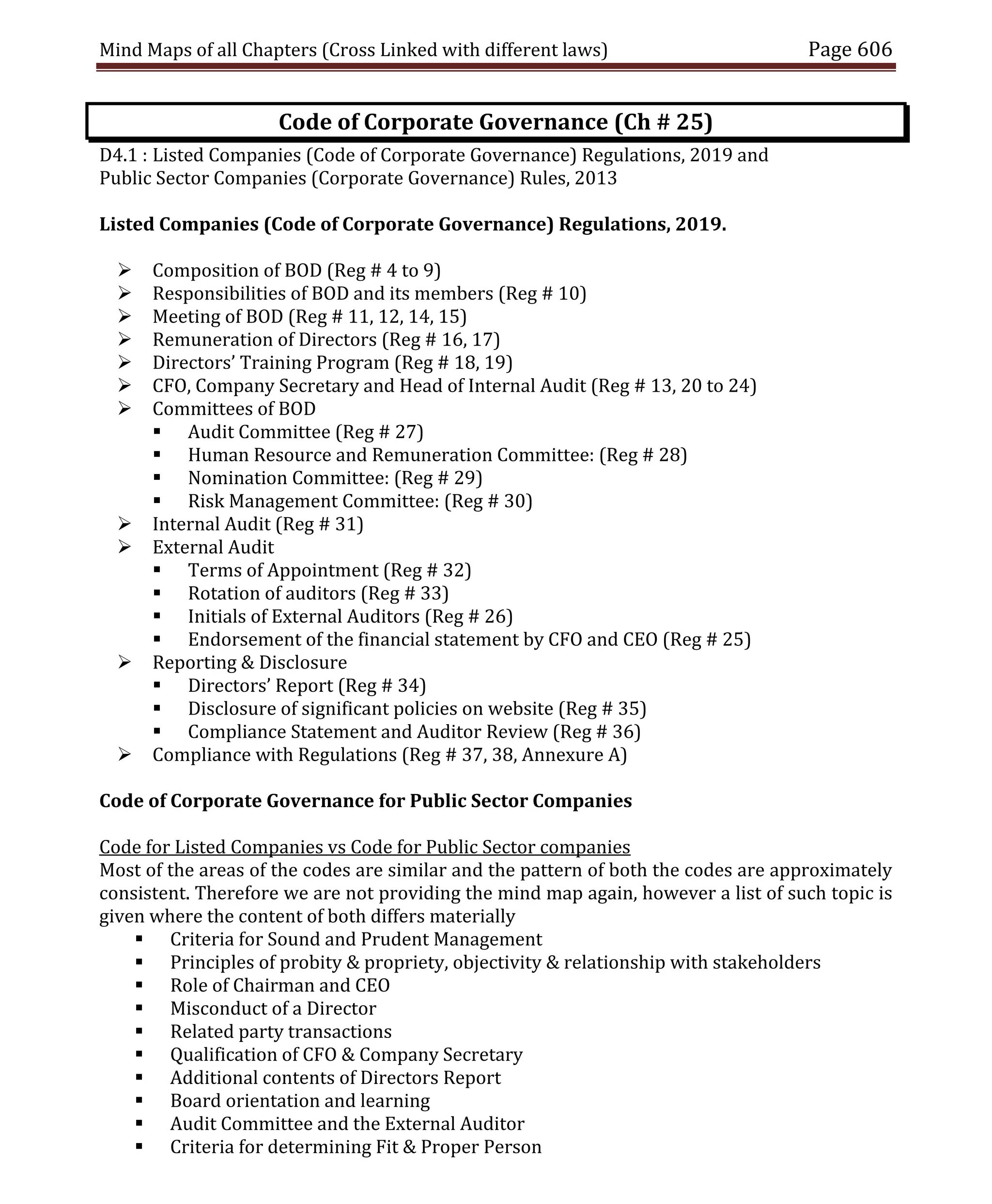 Mind Maps of all Chapters (Cross Linked with different laws) Page 606
Code of Corporate Governance (Ch # 25)
D4.1 : Listed Companies (Code of Corporate Governance) Regulations, 2019 and
Public Sector Companies (Corporate Governance) Rules, 2013
Listed Companies (Code of Corporate Governance) Regulations, 2019.
 Composition of BOD (Reg # 4 to 9)
 Responsibilities of BOD and its members (Reg # 10)
 Meeting of BOD (Reg # 11, 12, 14, 15)
 Remuneration of Directors (Reg # 16, 17)
 Directors’ Training Program (Reg # 18, 19)
 CFO, Company Secretary and Head of Internal Audit (Reg # 13, 20 to 24)
 Committees of BOD
 Audit Committee (Reg # 27)
 Human Resource and Remuneration Committee: (Reg # 28)
 Nomination Committee: (Reg # 29)
 Risk Management Committee: (Reg # 30)
 Internal Audit (Reg # 31)
 External Audit
 Terms of Appointment (Reg # 32)
 Rotation of auditors (Reg # 33)
 Initials of External Auditors (Reg # 26)
 Endorsement of the financial statement by CFO and CEO (Reg # 25)
 Reporting & Disclosure
 Directors’ Report (Reg # 34)
 Disclosure of significant policies on website (Reg # 35)
 Compliance Statement and Auditor Review (Reg # 36)
 Compliance with Regulations (Reg # 37, 38, Annexure A)
Code of Corporate Governance for Public Sector Companies
Code for Listed Companies vs Code for Public Sector companies
Most of the areas of the codes are similar and the pattern of both the codes are approximately
consistent. Therefore we are not providing the mind map again, however a list of such topic is
given where the content of both differs materially
 Criteria for Sound and Prudent Management
 Principles of probity & propriety, objectivity & relationship with stakeholders
 Role of Chairman and CEO
 Misconduct of a Director
 Related party transactions
 Qualification of CFO & Company Secretary
 Additional contents of Directors Report
 Board orientation and learning
 Audit Committee and the External Auditor
 Criteria for determining Fit & Proper Person
 