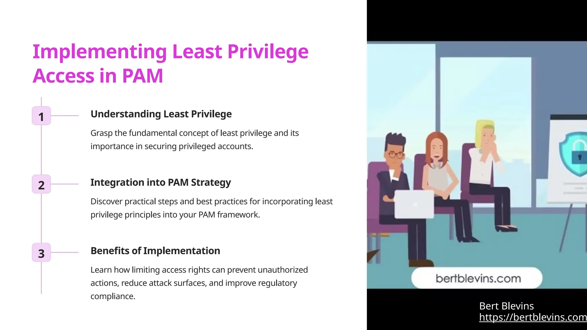 Implementing Least Privilege
Access in PAM
1 Understanding Least Privilege
Grasp the fundamental concept of least privilege and its
importance in securing privileged accounts.
2 Integration into PAM Strategy
Discover practical steps and best practices for incorporating least
privilege principles into your PAM framework.
3 Benefits of Implementation
Learn how limiting access rights can prevent unauthorized
actions, reduce attack surfaces, and improve regulatory
compliance.
https://bertblevins.com
Bert Blevins
 