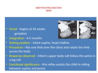 BODY RIGHTING REACTION
(BOB)
• Onset - begins at 34 weeks
gestation
• Integration - 4-5 months
• Testing position - infant supine, head midline
• Procedure - flex one limb over the chest and rotate the limb
across the body
• Response observed - infant’s upper body will follow the pelvis in
a log roll
• Functional significance - this reflex assists the child in rolling
between supine and prone
 