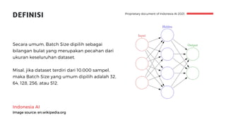 Indonesia AI
Image source: en.wikipedia.org
Proprietary document of Indonesia AI 2023
DEFINISI
Secara umum, Batch Size dipilih sebagai
bilangan bulat yang merupakan pecahan dari
ukuran keseluruhan dataset.
Misal, jika dataset terdiri dari 10.000 sampel,
maka Batch Size yang umum dipilih adalah 32,
64, 128, 256, atau 512.
 