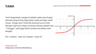 Indonesia AI
image source: commons.wikimedia.org
TANH
Tanh (hyperbolic tangent) adalah salah satu fungsi
aktivasi yang sering digunakan pada jaringan saraf
tiruan. Fungsi tanh memiliki bentuk kurva mirip
dengan sigmoid, tetapi rentang nilainya adalah dari
-1 hingga 1, sehingga lebih simetris di sekitar titik
tengah.
f(x) = (exp(x) - exp(-x)) / (exp(x) + exp(-x))
Proprietary document of Indonesia AI 2023
 