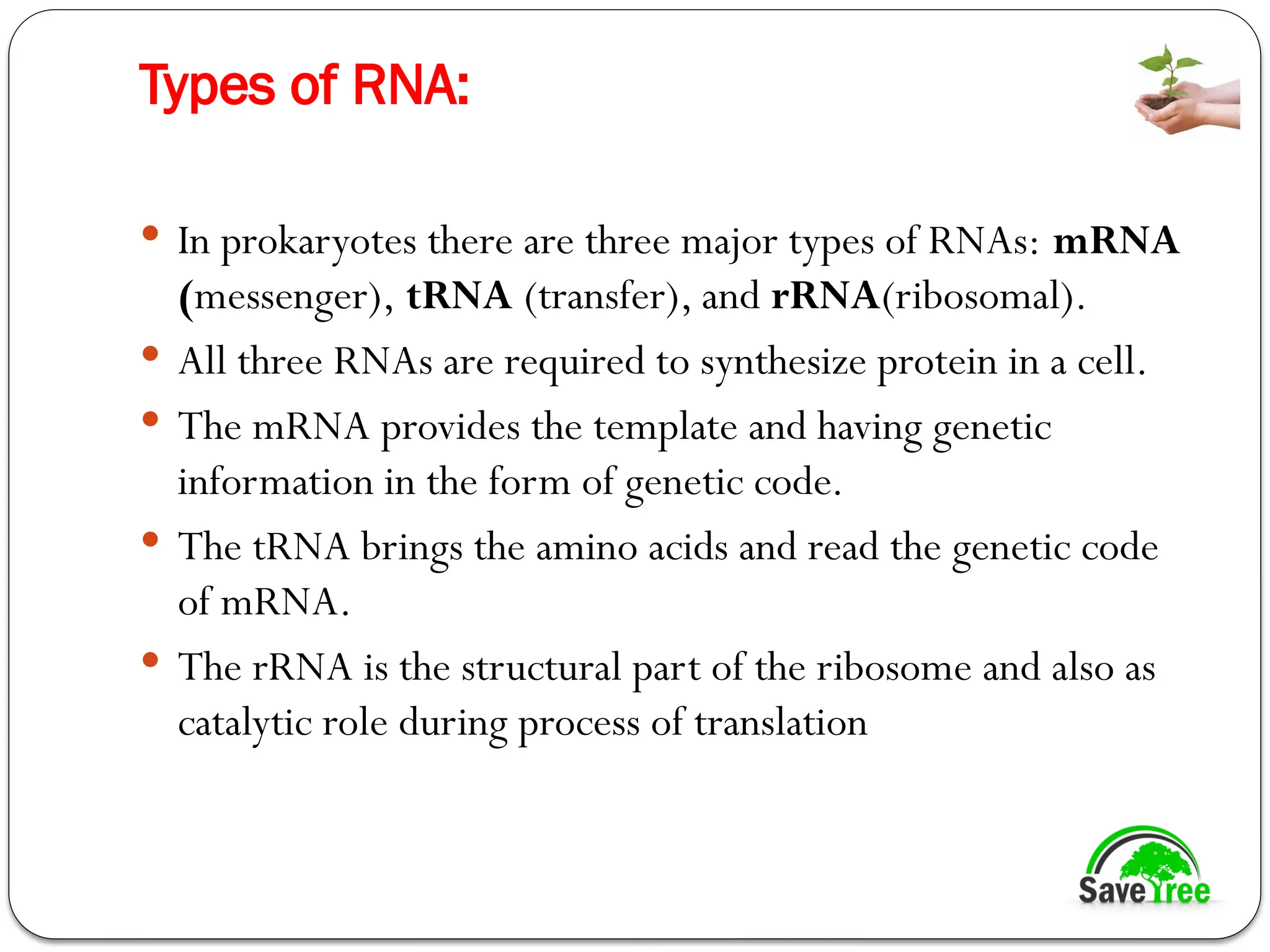 Types of RNA:
 In prokaryotes there are three major types of RNAs: mRNA
(messenger), tRNA (transfer), and rRNA(ribosomal).
 All three RNAs are required to synthesize protein in a cell.
 The mRNA provides the template and having genetic
information in the form of genetic code.
 The tRNA brings the amino acids and read the genetic code
of mRNA.
 The rRNA is the structural part of the ribosome and also as
catalytic role during process of translation
 