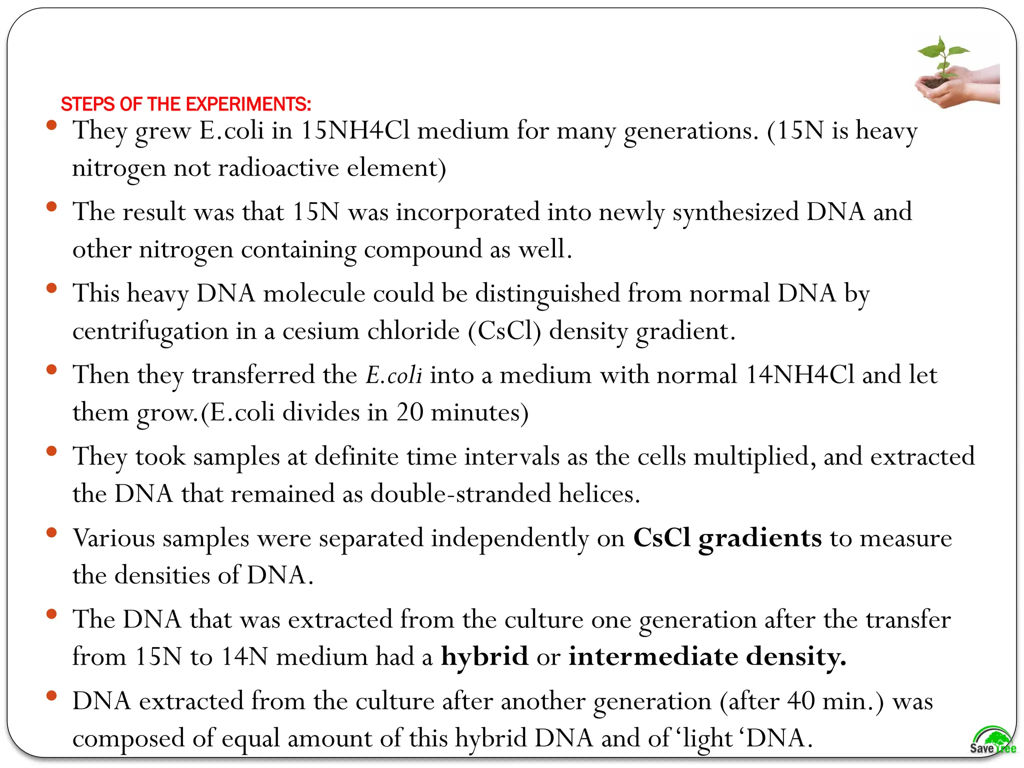 STEPS OF THE EXPERIMENTS:
 They grew E.coli in 15NH4Cl medium for many generations. (15N is heavy
nitrogen not radioactive element)
 The result was that 15N was incorporated into newly synthesized DNA and
other nitrogen containing compound as well.
 This heavy DNA molecule could be distinguished from normal DNA by
centrifugation in a cesium chloride (CsCl) density gradient.
 Then they transferred the E.coli into a medium with normal 14NH4Cl and let
them grow.(E.coli divides in 20 minutes)
 They took samples at definite time intervals as the cells multiplied, and extracted
the DNA that remained as double-stranded helices.
 Various samples were separated independently on CsCl gradients to measure
the densities of DNA.
 The DNA that was extracted from the culture one generation after the transfer
from 15N to 14N medium had a hybrid or intermediate density.
 DNA extracted from the culture after another generation (after 40 min.) was
composed of equal amount of this hybrid DNA and of‘light‘DNA.
 