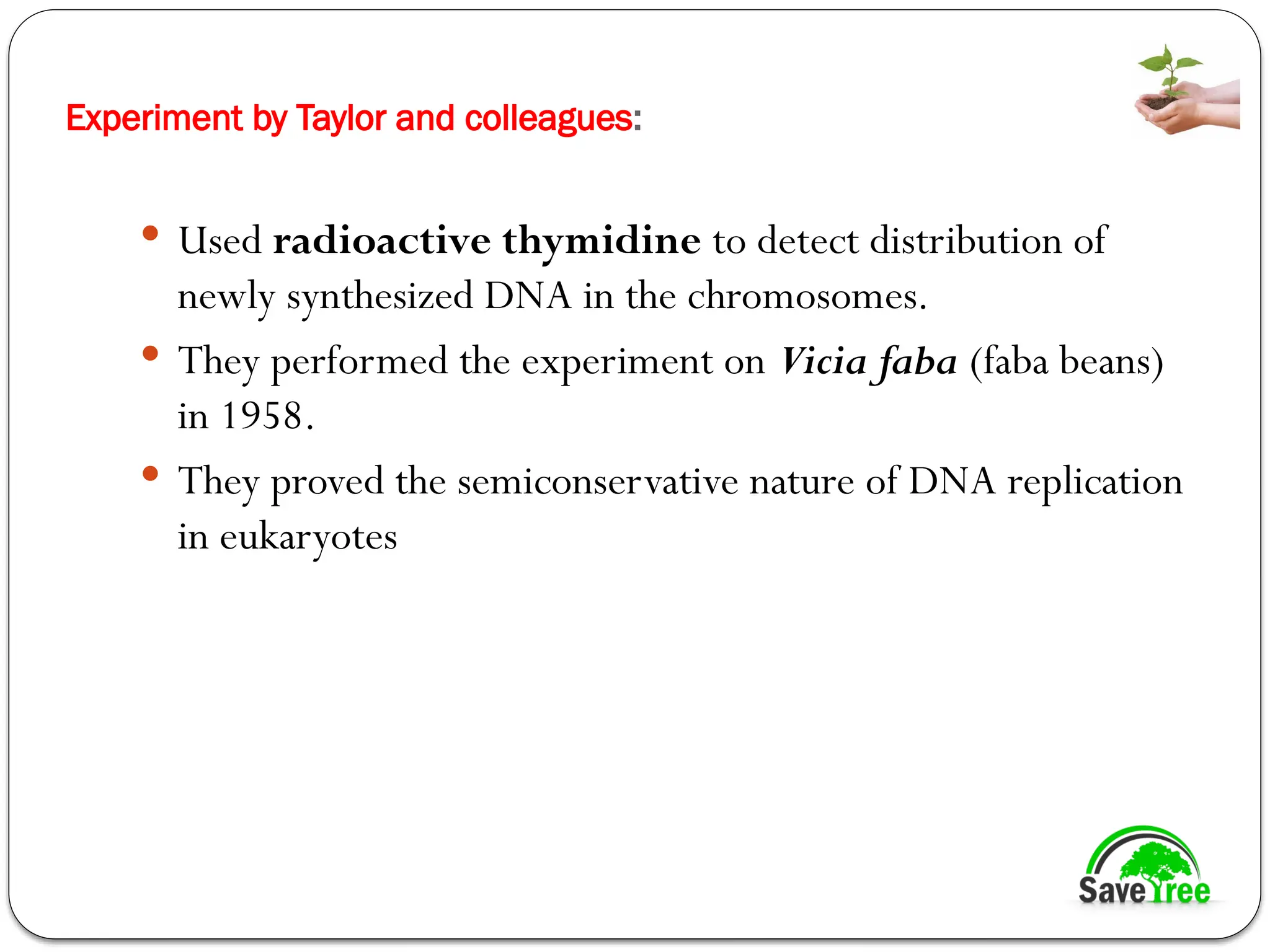 Experiment by Taylor and colleagues:
 Used radioactive thymidine to detect distribution of
newly synthesized DNA in the chromosomes.
 They performed the experiment on Vicia faba (faba beans)
in 1958.
 They proved the semiconservative nature of DNA replication
in eukaryotes
 