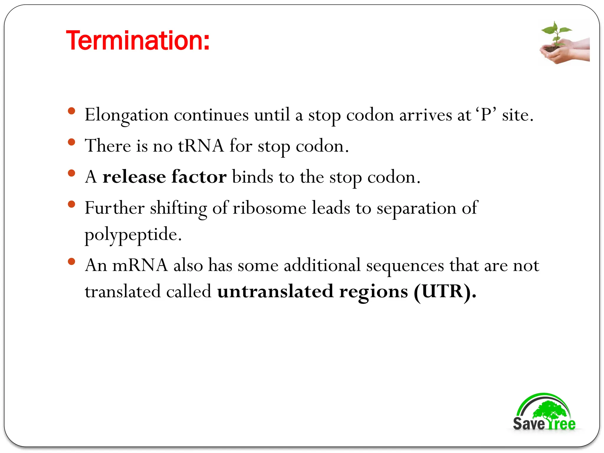 Termination:
 Elongation continues until a stop codon arrives at‘P’ site.
 There is no tRNA for stop codon.
 A release factor binds to the stop codon.
 Further shifting of ribosome leads to separation of
polypeptide.
 An mRNA also has some additional sequences that are not
translated called untranslated regions (UTR).
 