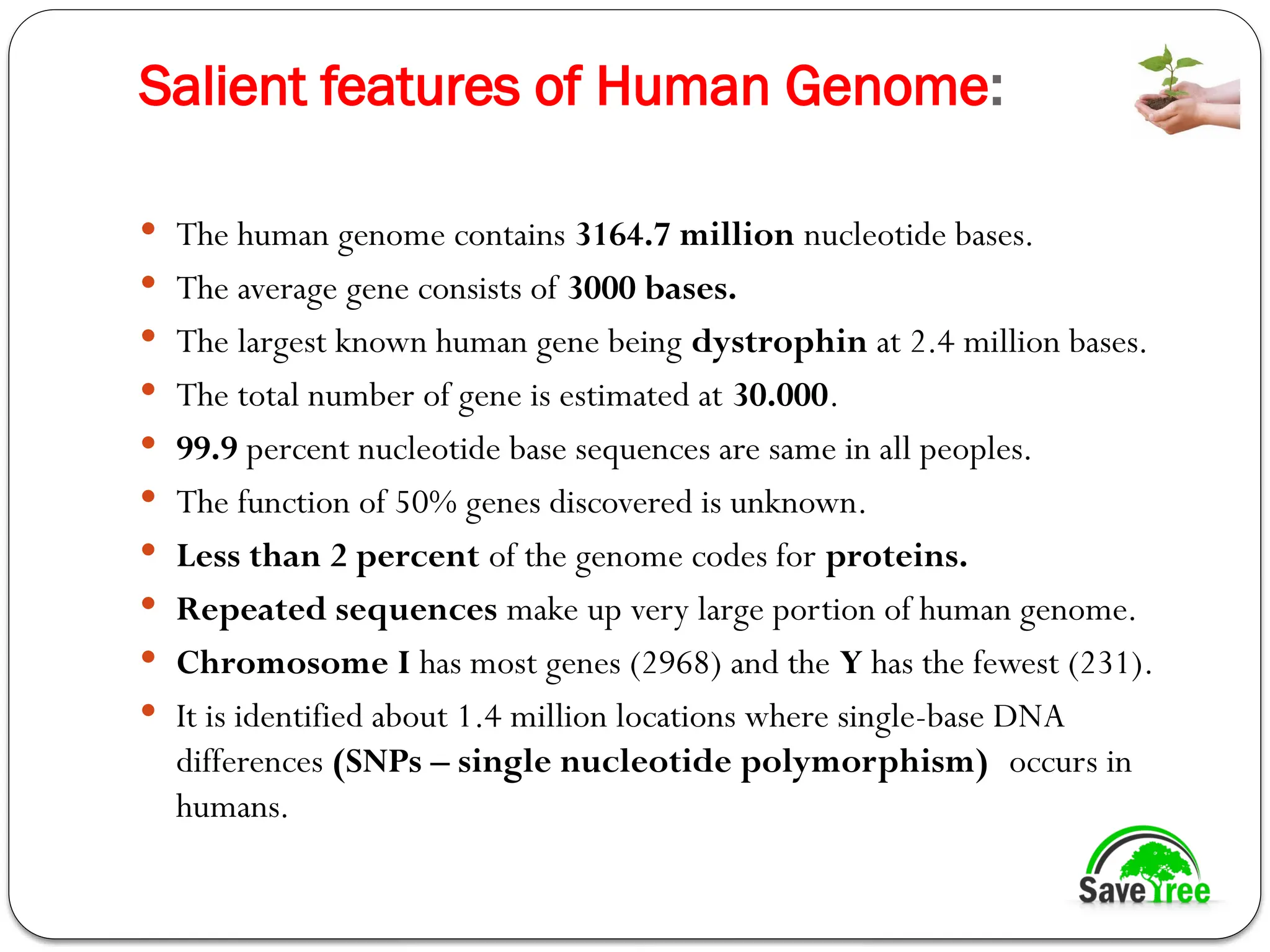 Salient features of Human Genome:
 The human genome contains 3164.7 million nucleotide bases.
 The average gene consists of 3000 bases.
 The largest known human gene being dystrophin at 2.4 million bases.
 The total number of gene is estimated at 30.000.
 99.9 percent nucleotide base sequences are same in all peoples.
 The function of 50% genes discovered is unknown.
 Less than 2 percent of the genome codes for proteins.
 Repeated sequences make up very large portion of human genome.
 Chromosome I has most genes (2968) and the Y has the fewest (231).
 It is identified about 1.4 million locations where single-base DNA
differences (SNPs – single nucleotide polymorphism) occurs in
humans.
 