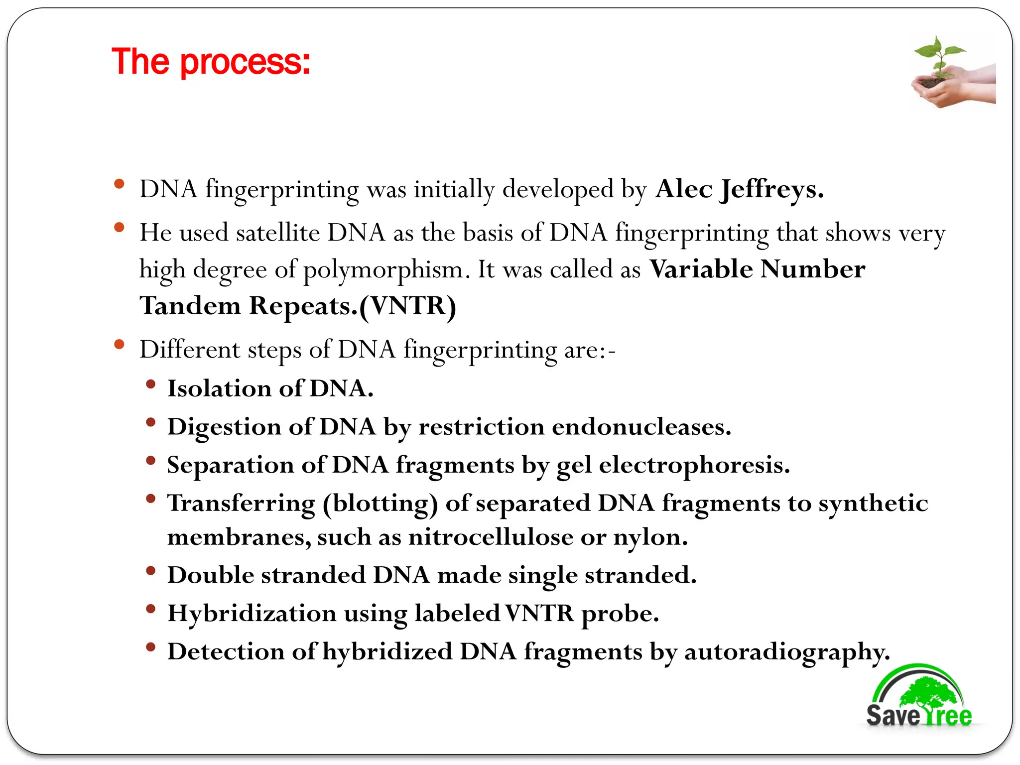 The process:
 DNA fingerprinting was initially developed by Alec Jeffreys.
 He used satellite DNA as the basis of DNA fingerprinting that shows very
high degree of polymorphism. It was called as Variable Number
Tandem Repeats.(VNTR)
 Different steps of DNA fingerprinting are:-
 Isolation of DNA.
 Digestion of DNA by restriction endonucleases.
 Separation of DNA fragments by gel electrophoresis.
 Transferring (blotting) of separated DNA fragments to synthetic
membranes, such as nitrocellulose or nylon.
 Double stranded DNA made single stranded.
 Hybridization using labeledVNTR probe.
 Detection of hybridized DNA fragments by autoradiography.
 