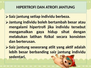 HIPERTROFI DAN ATROFI JANTUNG
⮚Saiz jantung setiap individu berbeza.
⮚Jantung individu boleh bertambah besar atau
mengalami hipertrofi jika individu tersebut
mengamalkan gaya hidup sihat dengan
melakukan latihan fizikal secara konsisten
dan berterusan.
⮚Saiz jantung seseorang atlit yang aktif adalah
lebih besar berbanding saiz jantung individu
sedentari.
 
