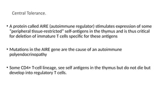 Central Tolerance.
• A protein called AIRE (autoimmune regulator) stimulates expression of some
“peripheral tissue-restricted” self-antigens in the thymus and is thus critical
for deletion of immature T cells specific for these antigens
• Mutations in the AIRE gene are the cause of an autoimmune
polyendocrinopathy
• Some CD4+ T-cell lineage, see self antigens in the thymus but do not die but
develop into regulatory T cells.
 