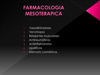 1. Vasodilatadores
2. Venotropos
3. Relajantes musculares
4. Antirreumáticos
5. Antiinflamatorios
6. Lipolíticos
7. Dermato cosméticos
 