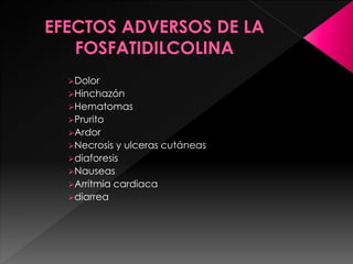 Dolor
Hinchazón
Hematomas
Prurito
Ardor
Necrosis y ulceras cutáneas
diaforesis
Nauseas
Arritmia cardiaca
diarrea
 