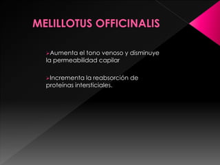 Aumenta el tono venoso y disminuye
la permeabilidad capilar
Incrementa la reabsorción de
proteínas intersticiales.
 