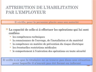 ATTRIBUTION DE L’HABILITATION
PAR L’EMPLOYEUR
 La capacité de celle-ci à effectuer les opérations qui lui sont
confiées
 les compétences techniques
 la connaissance de l’ouvrage, de l’installation et du matériel
 la compétence en matière de prévention du risque électrique
 les éventuelles restrictions médicales
 le comportement à l’exécution des opérations en toute sécurité
 La correspondance de la formation reçue aux symboles
d’habilitation
Il veille à ce que le titulaire ne se trouve pas dans une situation
pour laquelle il n’aurait pas été formé ou informé
Il vérifie, pour la personne placée sous son autorité
 