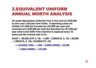 2.EQUIVALENT UNIFORM
ANNUAL WORTH ANALYSIS
An asset depreciates uniformly from a first cost of LE50,000
to zero over a 20-year time frame. If operating costs are
initially LE1,500 but increase by LE2,000 per year and
revenues are LE20,000 per year but decrease by LE1,000 per
year what is the EAW if the machine is replaced every 10
years and the interest rate is 5%.
EAUC = -50,000 (A/P, 5, 10) – 1,500 – 2,000(A/G, 5, 10) + 20,000
– 1,000(A/G, 5, 10)+ 25,000(A/F,5 ,10)
= -25,000(0.1295) – 1,500 – 2,000(4.09909) + 20,000
– 1,000(4.09909) = LE2,965
25
 