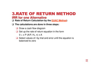3.RATE OF RETURN METHOD
 Rate of Return Calculation by the EUAC Method:
 The calculations are done in three steps:
 Draw a cash flow diagram
 Set up the rate of return equation in the form
0 = ± P (A/P, i%, n) ± A
 Select values of i by trial and error until the equation is
balanced to zero
IRR for one Alternative
32
 