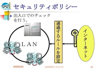 セキュリティポリシー出入口でのチェックを行う。2009/6/24高度情報化と社会生活42通過するルールを設定ＬＡＮインターネット