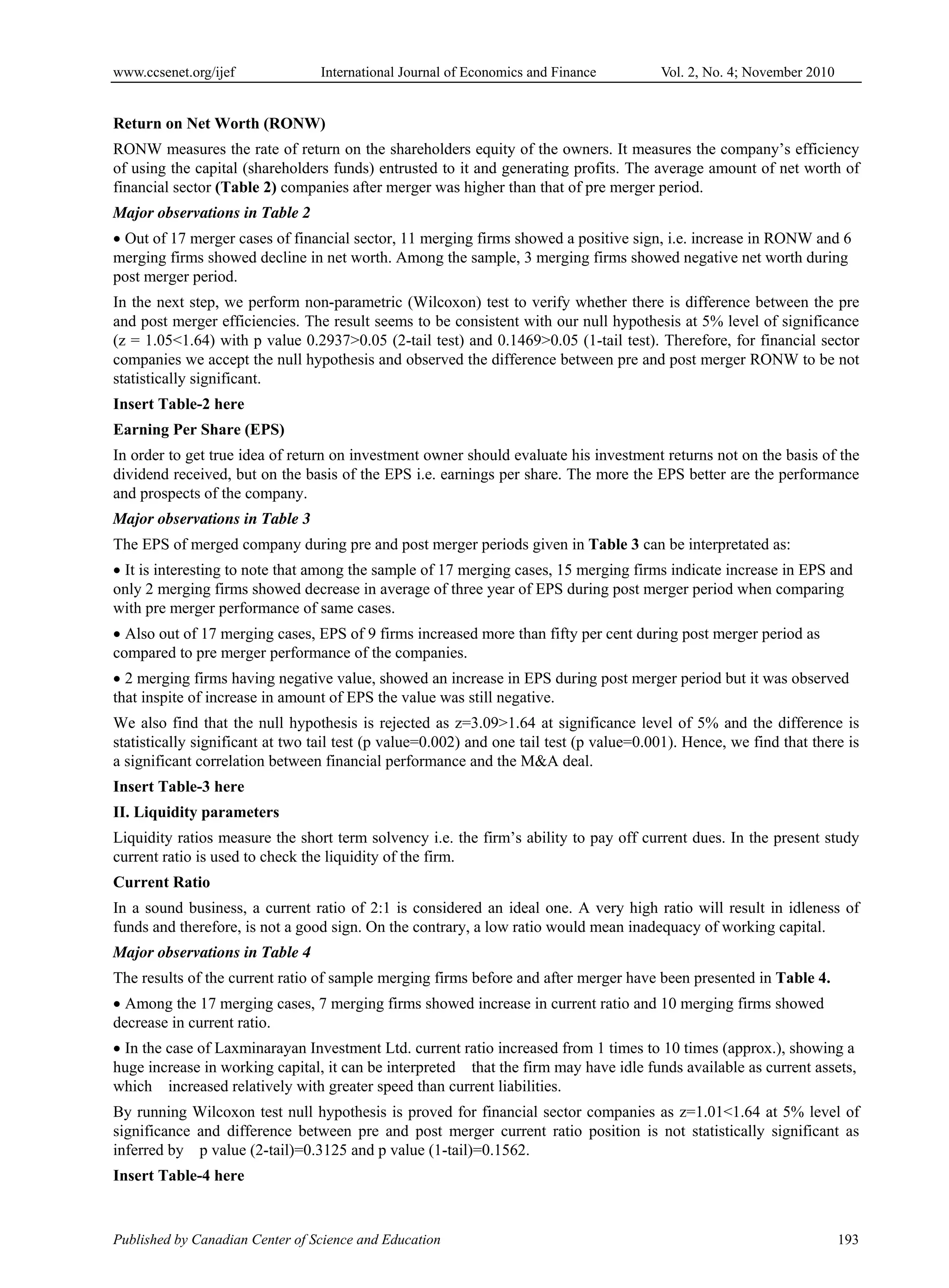 www.ccsenet.org/ijef International Journal of Economics and Finance Vol. 2, No. 4; November 2010
Published by Canadian Center of Science and Education 193
Return on Net Worth (RONW)
RONW measures the rate of return on the shareholders equity of the owners. It measures the company’s efficiency
of using the capital (shareholders funds) entrusted to it and generating profits. The average amount of net worth of
financial sector (Table 2) companies after merger was higher than that of pre merger period.
Major observations in Table 2
 Out of 17 merger cases of financial sector, 11 merging firms showed a positive sign, i.e. increase in RONW and 6
merging firms showed decline in net worth. Among the sample, 3 merging firms showed negative net worth during
post merger period.
In the next step, we perform non-parametric (Wilcoxon) test to verify whether there is difference between the pre
and post merger efficiencies. The result seems to be consistent with our null hypothesis at 5% level of significance
(z = 1.05<1.64) with p value 0.2937>0.05 (2-tail test) and 0.1469>0.05 (1-tail test). Therefore, for financial sector
companies we accept the null hypothesis and observed the difference between pre and post merger RONW to be not
statistically significant.
Insert Table-2 here
Earning Per Share (EPS)
In order to get true idea of return on investment owner should evaluate his investment returns not on the basis of the
dividend received, but on the basis of the EPS i.e. earnings per share. The more the EPS better are the performance
and prospects of the company.
Major observations in Table 3
The EPS of merged company during pre and post merger periods given in Table 3 can be interpretated as:
 It is interesting to note that among the sample of 17 merging cases, 15 merging firms indicate increase in EPS and
only 2 merging firms showed decrease in average of three year of EPS during post merger period when comparing
with pre merger performance of same cases.
 Also out of 17 merging cases, EPS of 9 firms increased more than fifty per cent during post merger period as
compared to pre merger performance of the companies.
 2 merging firms having negative value, showed an increase in EPS during post merger period but it was observed
that inspite of increase in amount of EPS the value was still negative.
We also find that the null hypothesis is rejected as z=3.09>1.64 at significance level of 5% and the difference is
statistically significant at two tail test (p value=0.002) and one tail test (p value=0.001). Hence, we find that there is
a significant correlation between financial performance and the M&A deal.
Insert Table-3 here
II. Liquidity parameters
Liquidity ratios measure the short term solvency i.e. the firm’s ability to pay off current dues. In the present study
current ratio is used to check the liquidity of the firm.
Current Ratio
In a sound business, a current ratio of 2:1 is considered an ideal one. A very high ratio will result in idleness of
funds and therefore, is not a good sign. On the contrary, a low ratio would mean inadequacy of working capital.
Major observations in Table 4
The results of the current ratio of sample merging firms before and after merger have been presented in Table 4.
 Among the 17 merging cases, 7 merging firms showed increase in current ratio and 10 merging firms showed
decrease in current ratio.
 In the case of Laxminarayan Investment Ltd. current ratio increased from 1 times to 10 times (approx.), showing a
huge increase in working capital, it can be interpreted that the firm may have idle funds available as current assets,
which increased relatively with greater speed than current liabilities.
By running Wilcoxon test null hypothesis is proved for financial sector companies as z=1.01<1.64 at 5% level of
significance and difference between pre and post merger current ratio position is not statistically significant as
inferred by p value (2-tail)=0.3125 and p value (1-tail)=0.1562.
Insert Table-4 here
 