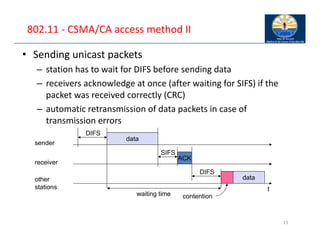802.11 ‐ CSMA/CA access method II
• Sending unicast packets
– station has to wait for DIFS before sending data
– receivers acknowledge at once (after waiting for SIFS) if the
packet was received correctly (CRC)
– automatic retransmission of data packets in case of
transmission errors
13
t
SIFS
DIFS
data
ACK
waiting time
other
stations
receiver
sender
data
DIFS
contention
 