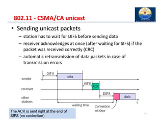 802.11 ‐ CSMA/CA unicast
• Sending unicast packets
– station has to wait for DIFS before sending data
– receiver acknowledges at once (after waiting for SIFS) if the
packet was received correctly (CRC)
– automatic retransmission of data packets in case of
transmission errors
15
The ACK is sent right at the end of
SIFS (no contention)
 