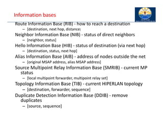 Information bases
Route Information Base (RIB) ‐ how to reach a destination
– [destination, next hop, distance]
Neighbor Information Base (NIB) ‐ status of direct neighbors
– [neighbor, status]
Hello Information Base (HIB) ‐ status of destination (via next hop)
– [destination, status, next hop]
Alias Information Base (AIB) ‐ address of nodes outside the net
– [original MSAP address, alias MSAP address]
Source Multipoint Relay Information Base (SMRIB) ‐ current MP
status
– [local multipoint forwarder, multipoint relay set]
Topology Information Base (TIB) ‐ current HIPERLAN topology
– [destination, forwarder, sequence]
Duplicate Detection Information Base (DDIB) ‐ remove
duplicates
– [source, sequence]
 