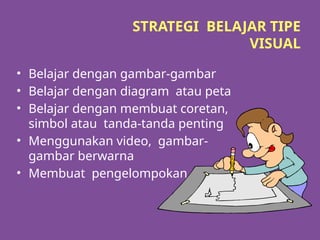 STRATEGI BELAJAR TIPE
VISUAL
• Belajar dengan gambar-gambar
• Belajar dengan diagram atau peta
• Belajar dengan membuat coretan,
simbol atau tanda-tanda penting
• Menggunakan video, gambar-
gambar berwarna
• Membuat pengelompokan
 