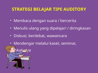 STRATEGI BELAJAR TIPE AUDITORY
• Membaca dengan suara / bercerita
• Menulis ulang yang dipelajari / diringkasan
• Diskusi, berdebat, wawancara
• Mendengar melalui kaset, seminar,
lokakarya
 